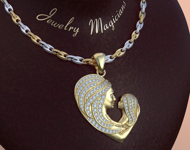 Mother & Child Heart Pendant – Pavé Wave Setting (Production-Ready CAD)