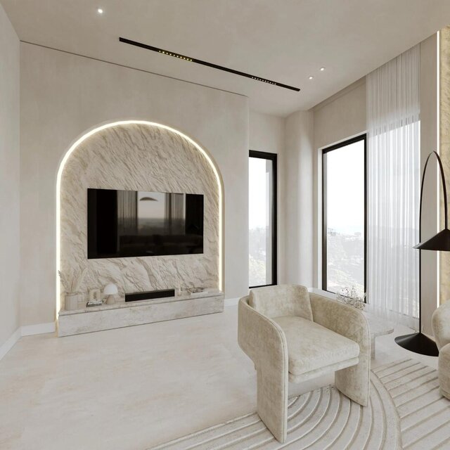 ELA Apartment Interior | Curved Stone Arch, Lime Plaster and Oak Herringbone – image 3 of 5
