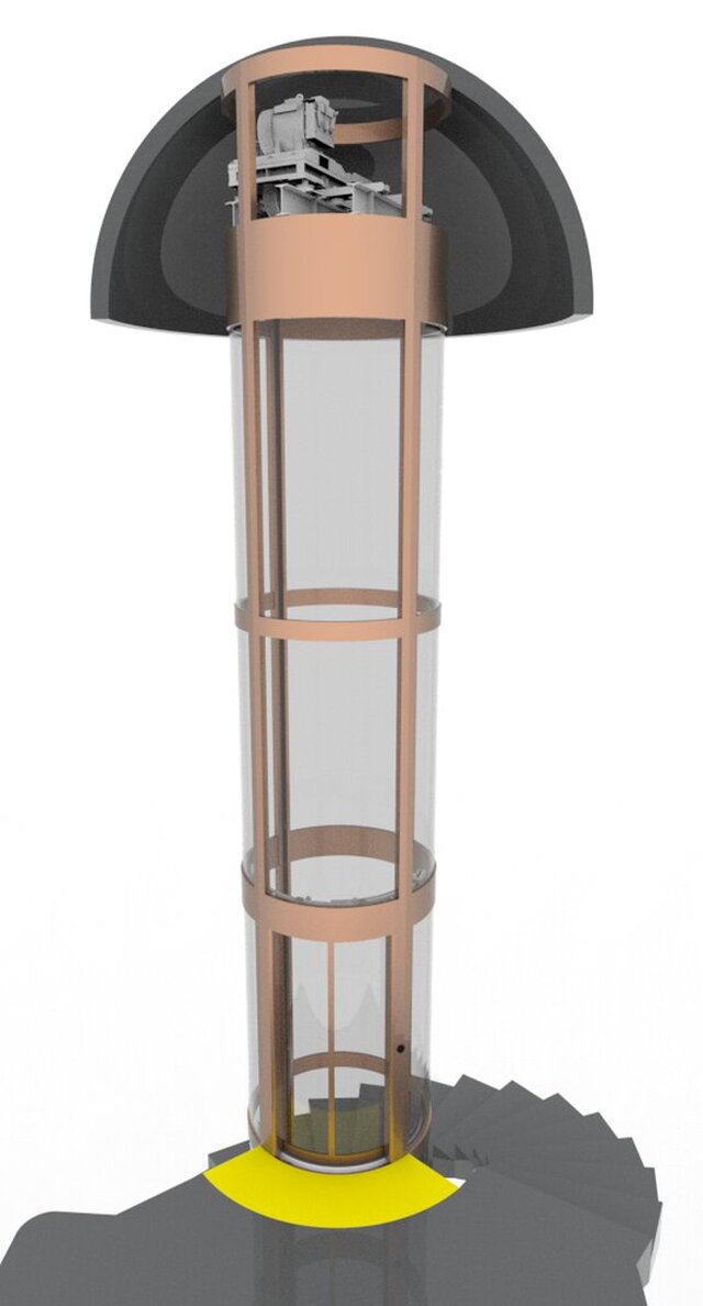 modern glass elevator with spiral staircase