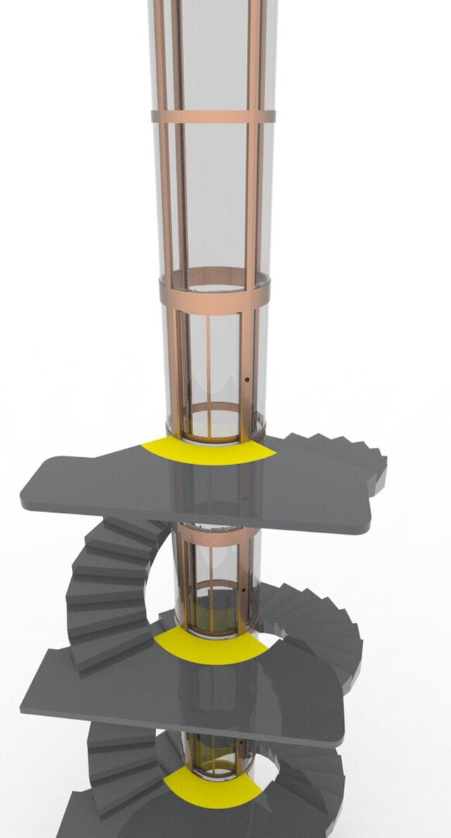 3D model of modern glass elevator with spiral staircase