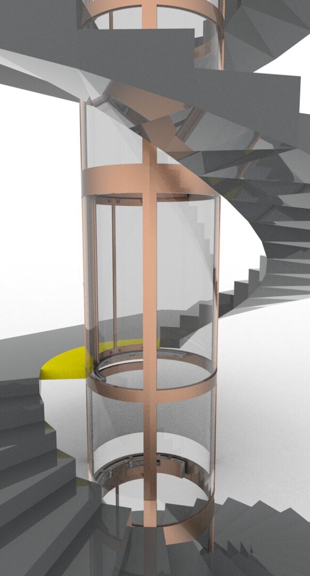 3D model of modern glass elevator with spiral staircase