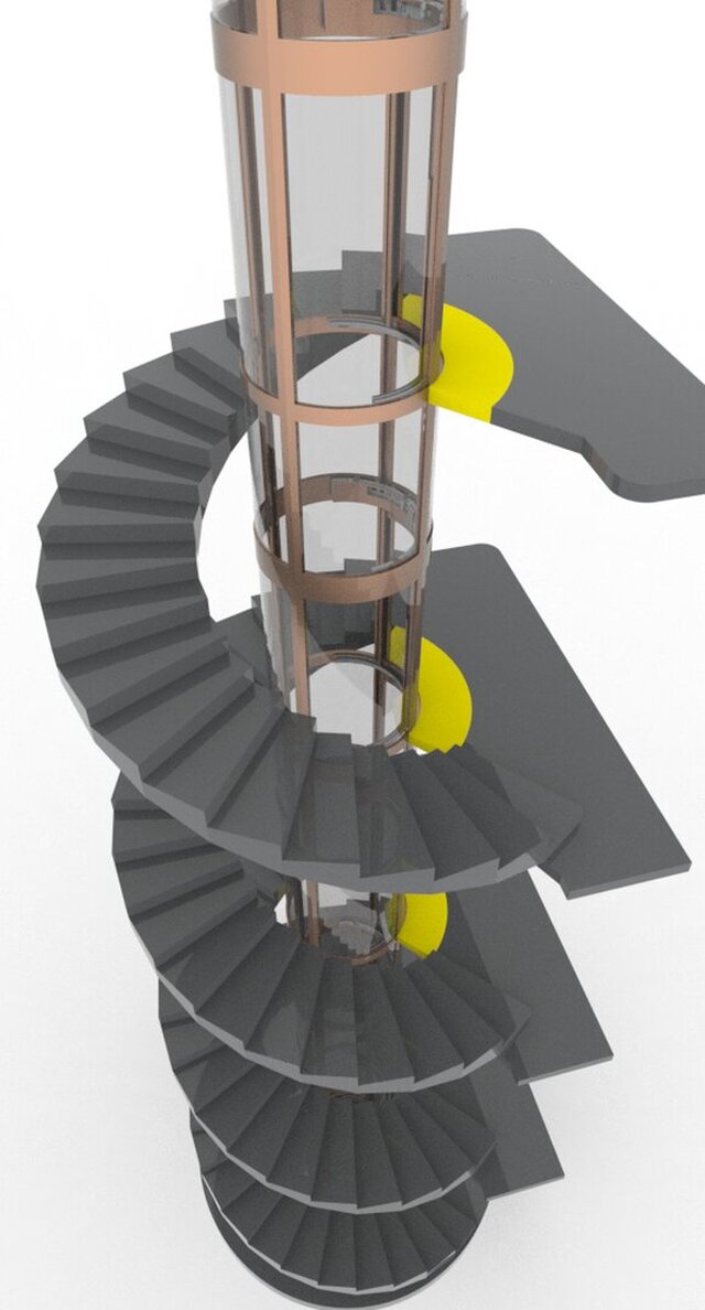 3D model of modern glass elevator with spiral staircase