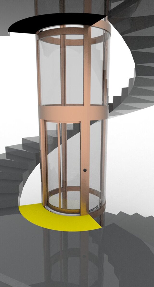 3D model of modern glass elevator with spiral staircase