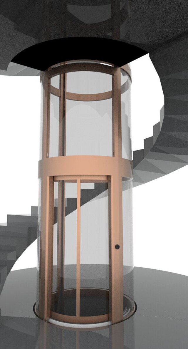 3D model of modern glass elevator with spiral staircase