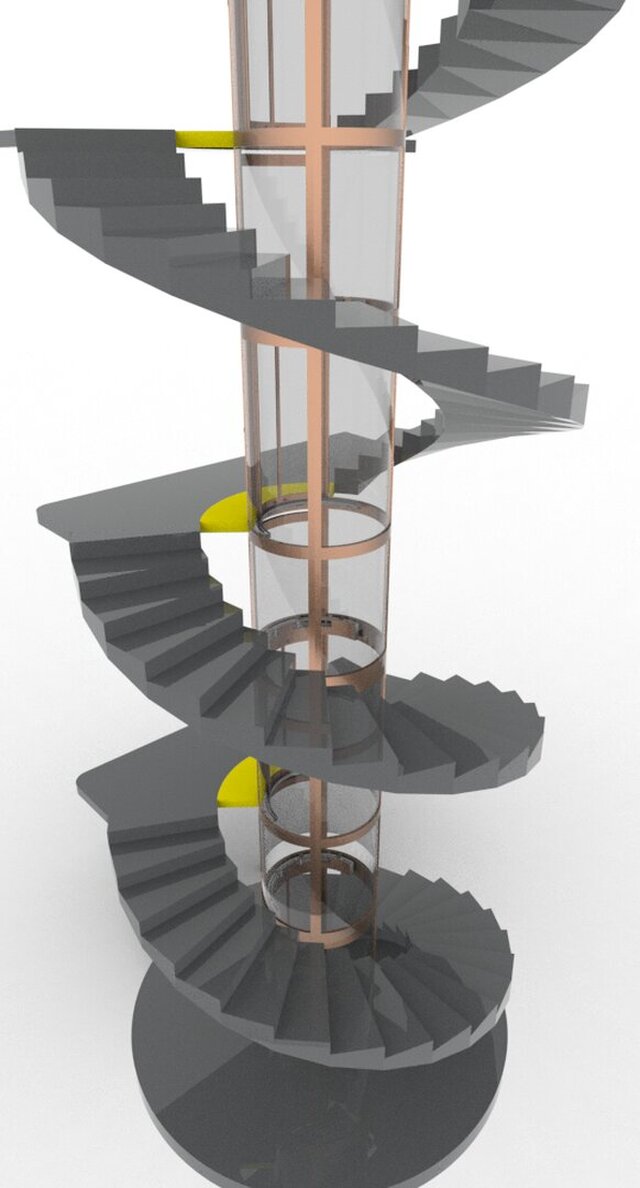 3D model of modern glass elevator with spiral staircase