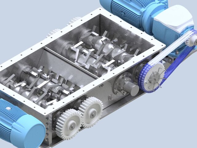 Twin-Shaft Industrial Shredder – Mechanical Design & 3D Modeling