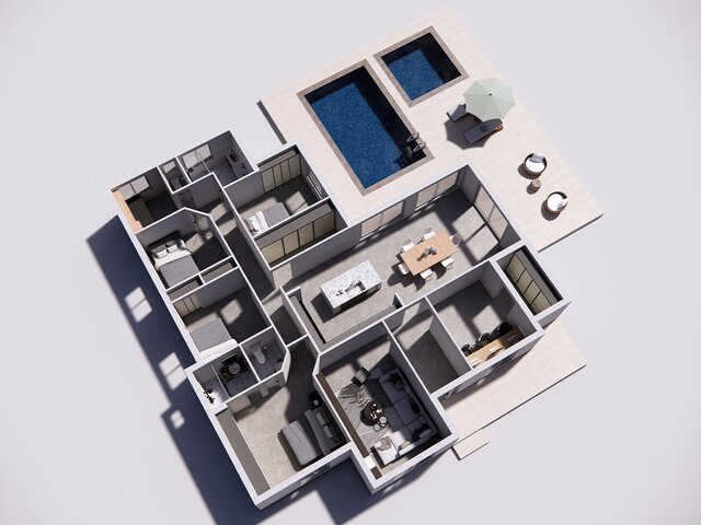 3D model of contemporary-two-story-a-frame-luxury-villa-with-pool-carport-premium-3d-architectural-visualization-showcase-night-clay-views-