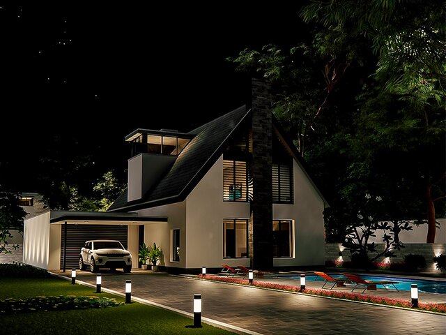 contemporary-two-story-a-frame-luxury-villa-with-pool-carport-premium-3d-architectural-visualization-showcase-night-clay-views-