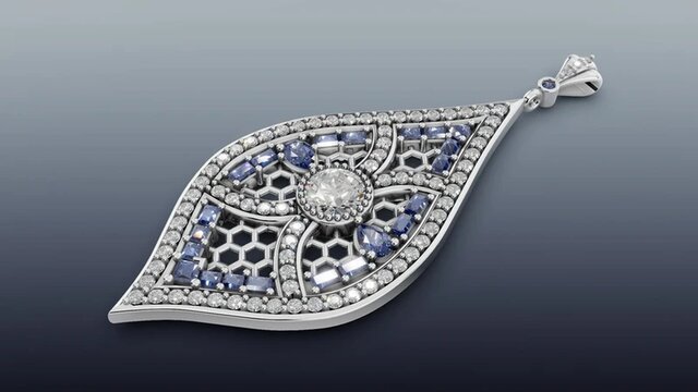 3D model of Art Deco 14K White Gold Pendant with Round Diamond and Blue Sapphires