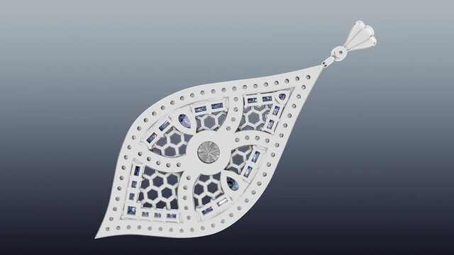 3D model of Art Deco 14K White Gold Pendant with Round Diamond and Blue Sapphires