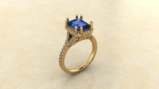 3D model of Royal Blue Sapphire Engagement Ring CAD Design with Diamond Cathedral Setting