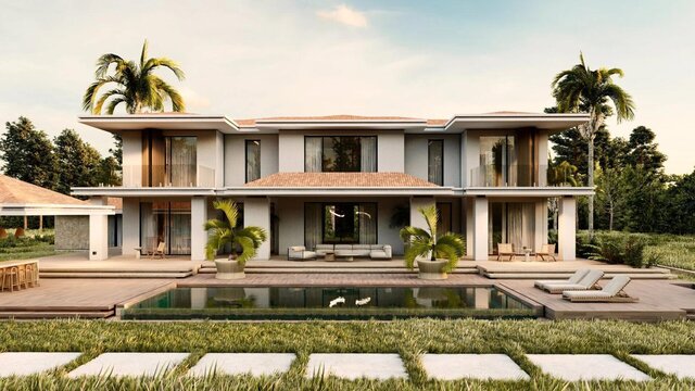Para Villa | Symmetrical Two-Storey House with Layered Eaves, Pool and Summer Kitchen – image 1 of 5