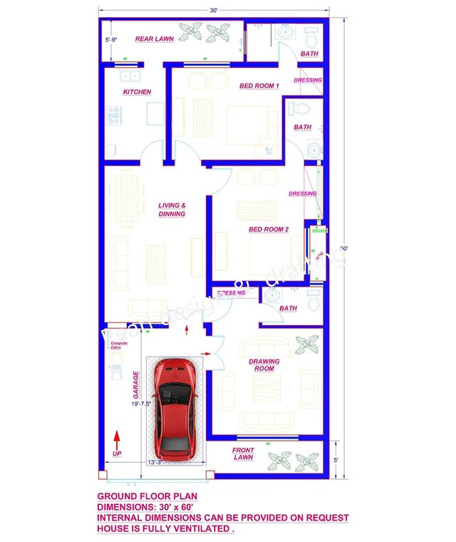 proposed 2D ground floor plan 30'x60'