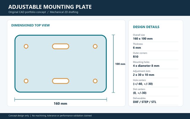 Adjustable Mounting Plate - CAD Drafting Portfolio Sample – image 1 of 3