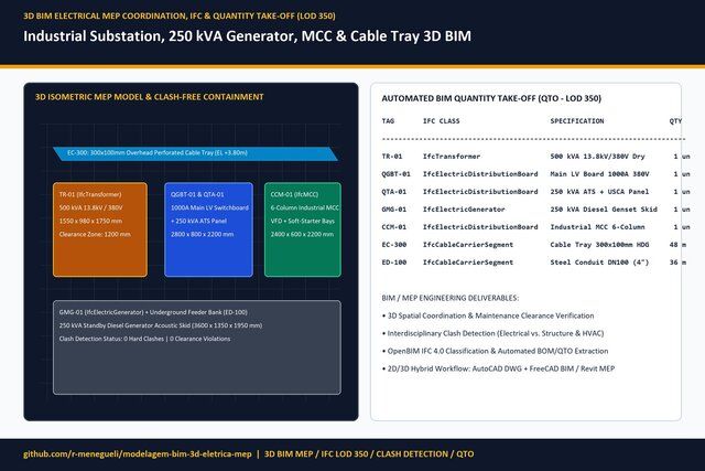 3D BIM Electrical MEP Coordination (IFC LOD 350) — Substation, 250 kVA Generator, MCC & Cable Trays – image 1 of 1