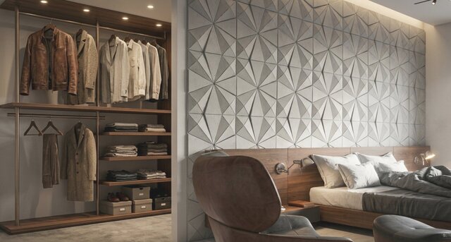 Luxury Guest Bedroom Design | Relief Wall, Walnut & Walk-in Closet | 3D Rendering – image 3 of 6