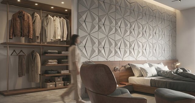 Luxury Guest Bedroom Design | Relief Wall, Walnut & Walk-in Closet | 3D Rendering – image 1 of 6