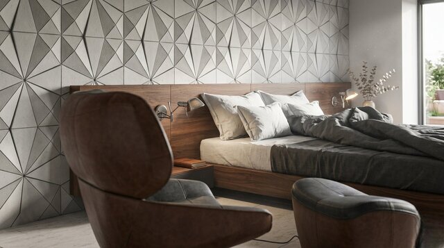 Luxury Guest Bedroom Design | Relief Wall, Walnut & Walk-in Closet | 3D Rendering – image 2 of 6
