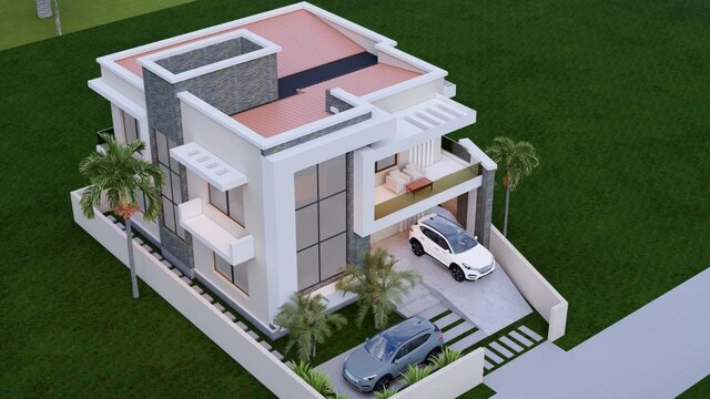 “Modern Two-Story Villa with Open Terrace and Dual Car Parking”