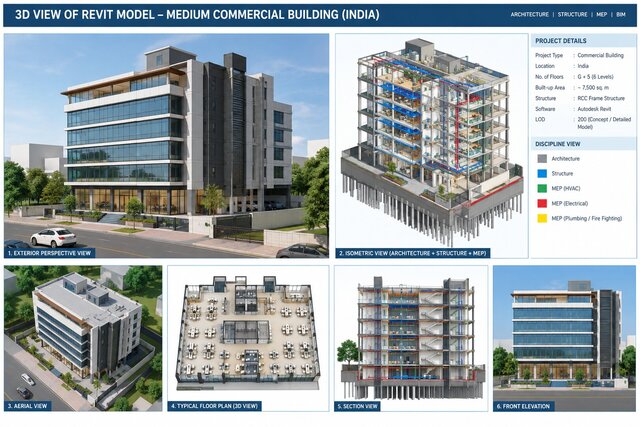 3D model of 3D View of a Revit Model of Medium Commercial Building-India