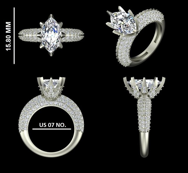 Marquise Diamond Engagement Ring – Pave Band | US Size 7 | 3D CAD