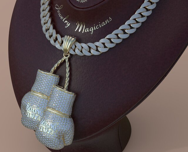 Pavé Boxing Gloves Pendant on Cuban Link Chain
