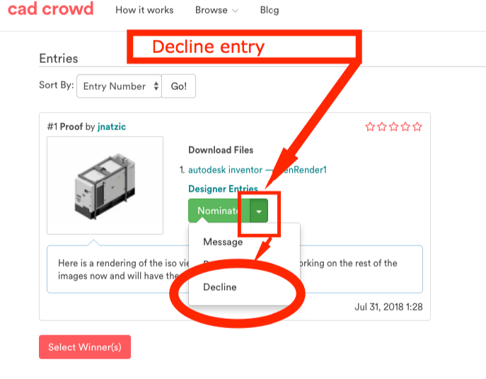 decline CAD contest design submission