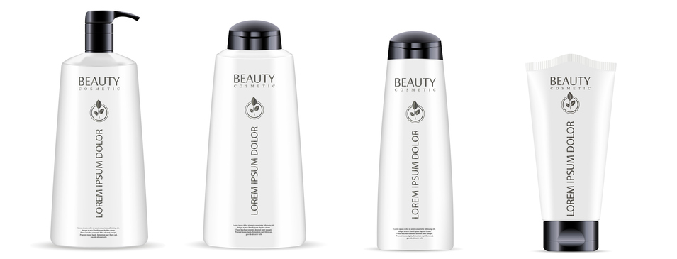 Cosmetics bottle jar set with black top caps. Realistic 3d mock-up of white cosmetics package. Vector illustration of dispenser and dropper, cream jar, shampoo, lotion, soap, toothpaste, ointment. | Cad Crowd Cosmetics bottle jar set with black top caps. Realistic 3d mock-up of white cosmetics package. Vector illustration of dispenser and dropper, cream jar, shampoo, lotion, soap, toothpaste, ointment.