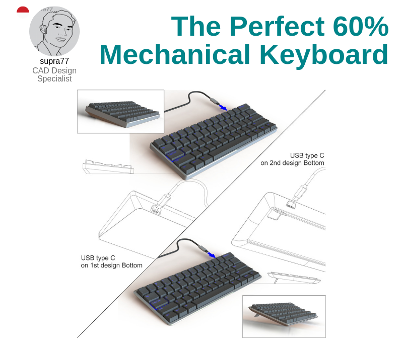 A photo of The Perfect 60% Mechanical Keyboard created on CAD and SolidWorks.
