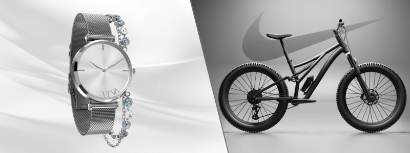Side-by-side-images-of-a-silver-wristwatch-with-a-gem-embellished-band-on-the-left-and-a-black-mountain-bike-with-wide-tires-on-the-right-both-set-against-a-grey-backdrop-1 | Cad Crowd Side-by-side-images-of-a-silver-wristwatch-with-a-gem-embellished-band-on-the-left-and-a-black-mountain-bike-with-wide-tires-on-the-right-both-set-against-a-grey-backdrop-1