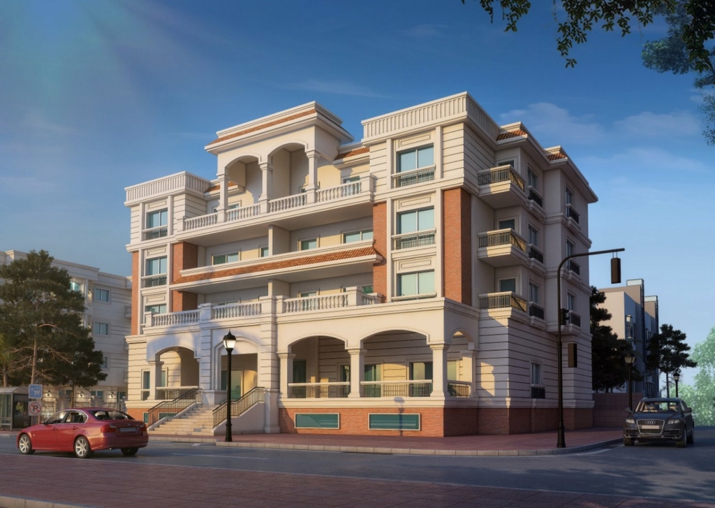 3D exterior of a posh building.