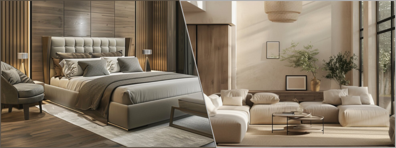 3D visualization of a bedroom and living room