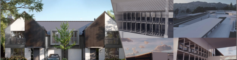 3D architectural visualization of a home and a variety of structures