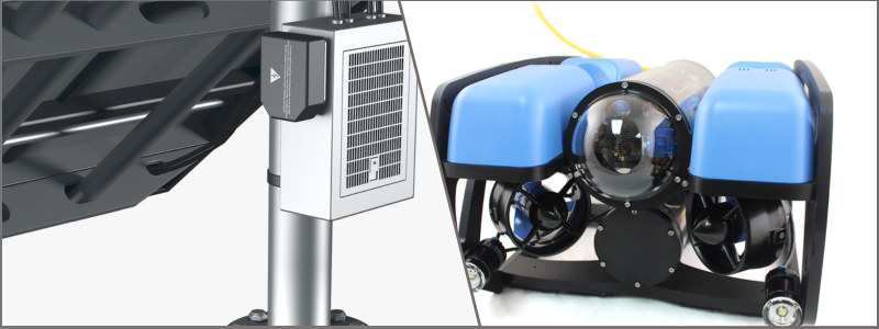 3D visualization of a solar control panel and an underwater ROV drone