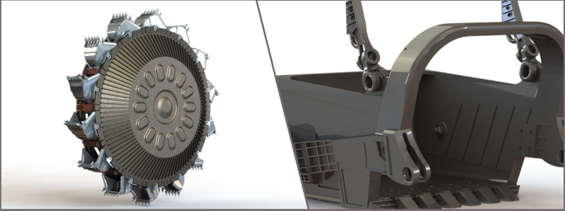 3D visualization of an excavator wheel and bucket