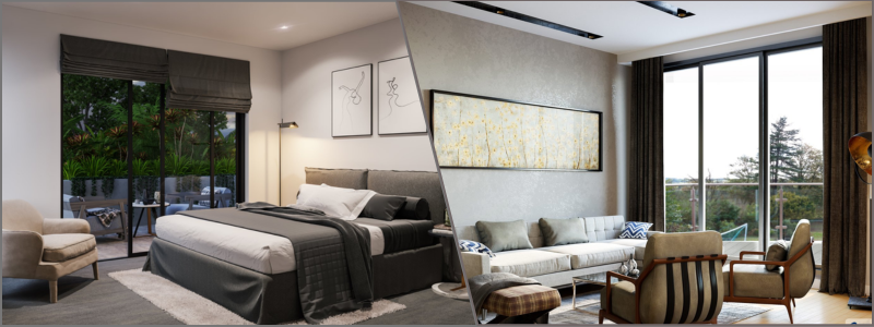 3d interior design examples of a bedroom and simple living room