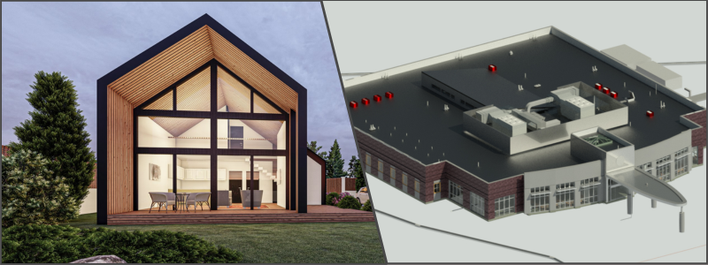 3d rendering of a farmhouse and revit