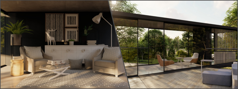 CGI rendering of a glass house interior