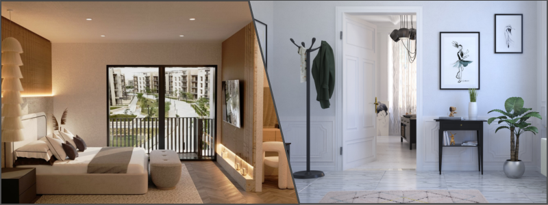 Example of 3D renders of a condo bedroom and living room