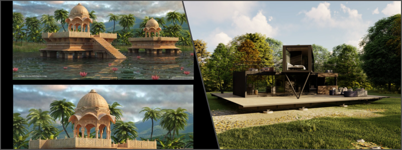 archjitectural CGI 3D examnples of an indian temple and a glass house
