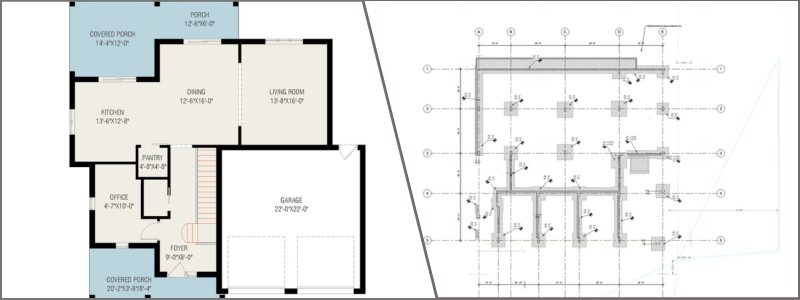 construction drawing of a floor plan and foundation plan