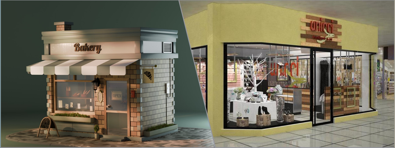 3D interior design with storefronts for company branding