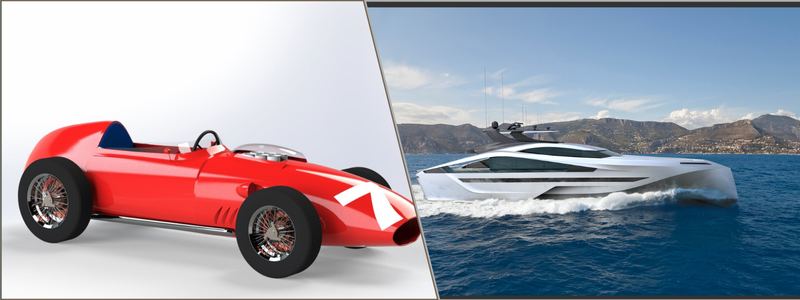 CAD design of an F1 race car and luxury yacht