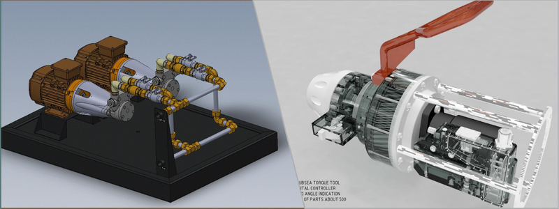 CAD rendering of an oil pump and subsea torque tool