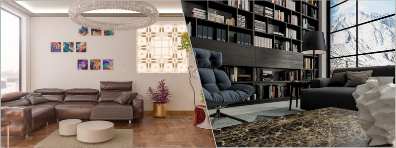 living room examples with decoration and fixtures such as bookshelves and artwork