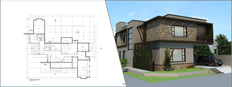 2D floor plan examples and an example of a rendering of a modern home