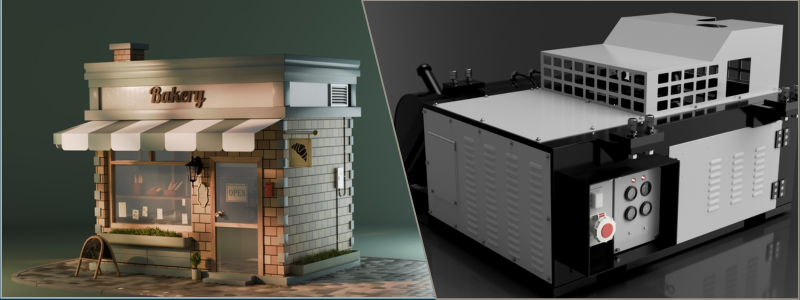 3D modeling of a cozy bakery and fuel genset
