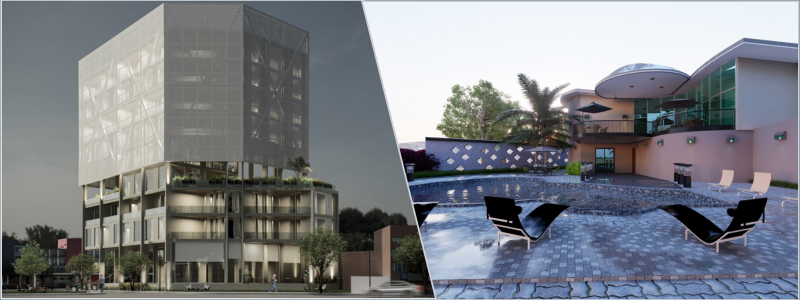 3D photorealistic rendering of an apartment building and home with a backyard pool