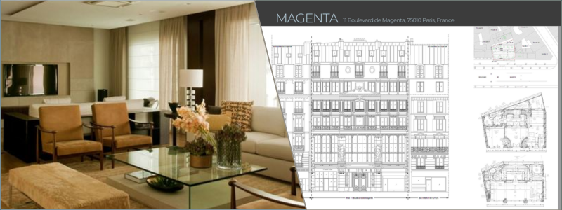 3D rendering of a living room and floor plan of a parisian hotel