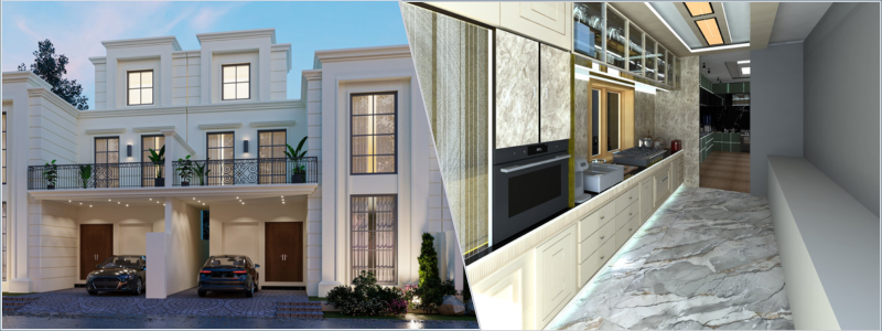 3D rendering of a luxury home and modular kitchen